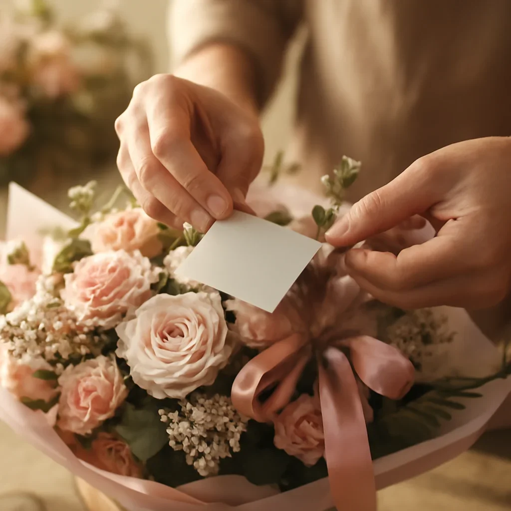 tim florist menyiapkan detail order dan kartu ucapan pelanggan