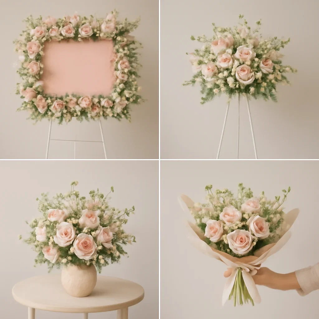 pilihan papan bunga, standing flower, bunga meja, dan bouquet di studio florist